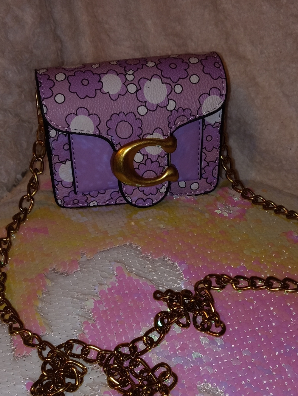 Coach Lavender Floral Crossbody Bag with Gold Chain